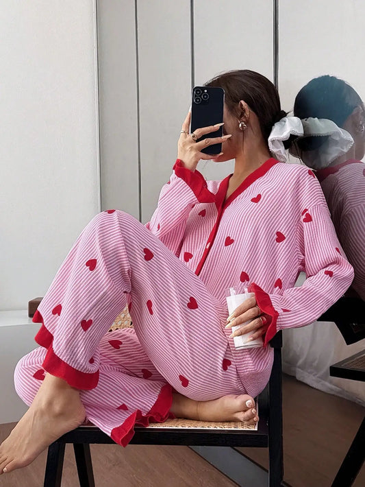 Cozy Stripe Heart Pajama Set